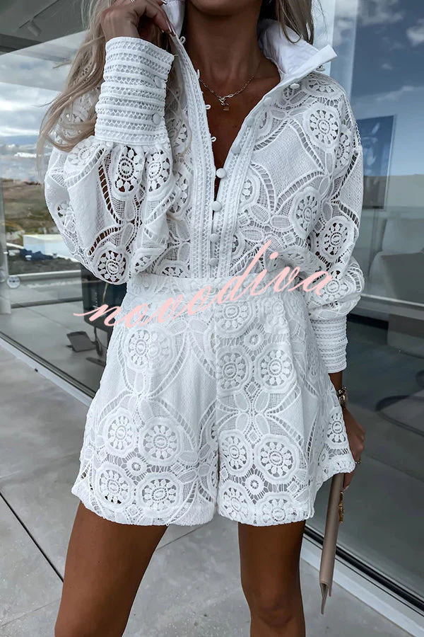 Radiant Blessings Eyelet Crochet Lace Blouse and Shorts Set