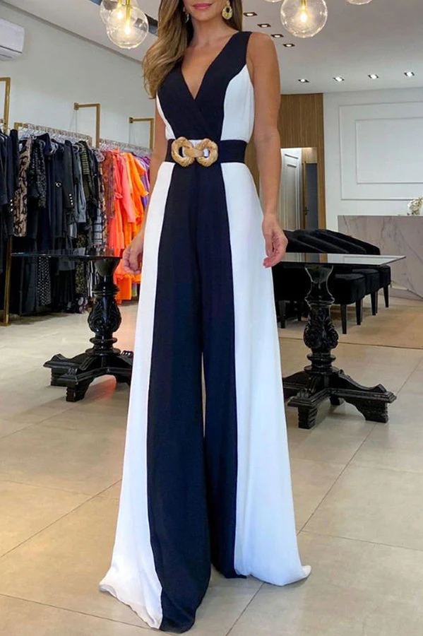 Black and White Classic Colorblock Party Wide Leg Jumpsuit